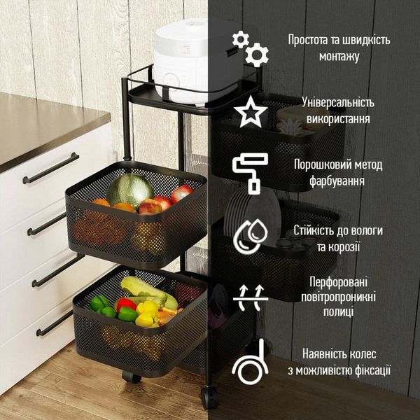 Етажерка мобільна п'ятиярусна універсальна з металу квадратна чорна 26,5*26,5*95 сантиметрів BS-00002100 фото