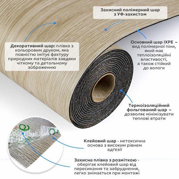 Підлогове вінілове самоклеюче покриття в рулоні 3000&times;600&times;1,5 мм вологостійке на фольгованій теплоізоляції BS-00001818 фото